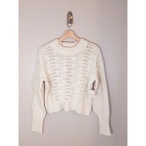 Free People Cream Cropped Sweater Pointelle Knit Boxy Boho Coastal Size M NWT